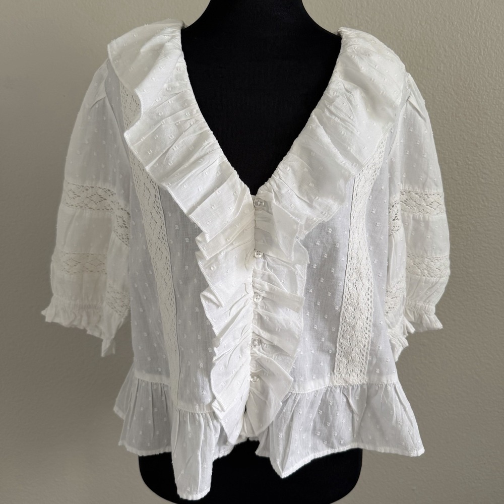 Womens Medium Blouse Top White Crochet Embroidered Swiss Dot Puff Sleeve Peasant
